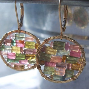 Mother's Day Gift// Multicolored Tourmaline Earrings// 14kt Gold Filled Small Hoop earrings// Stained Glass Earrings // Gifts for Her image 4