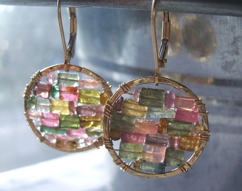 Mother's Day Gift// Multicolored Tourmaline Earrings// 14kt Gold Filled Small Hoop earrings// Stained Glass Earrings // Gifts for Her image 4