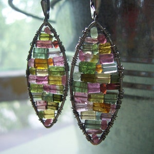 Multicolored Tourmaline Drop Earrings, Stained Glass Earrings, Watermelon Tourmaline Mosaic Earrings, Gifts for Her, October birthstone