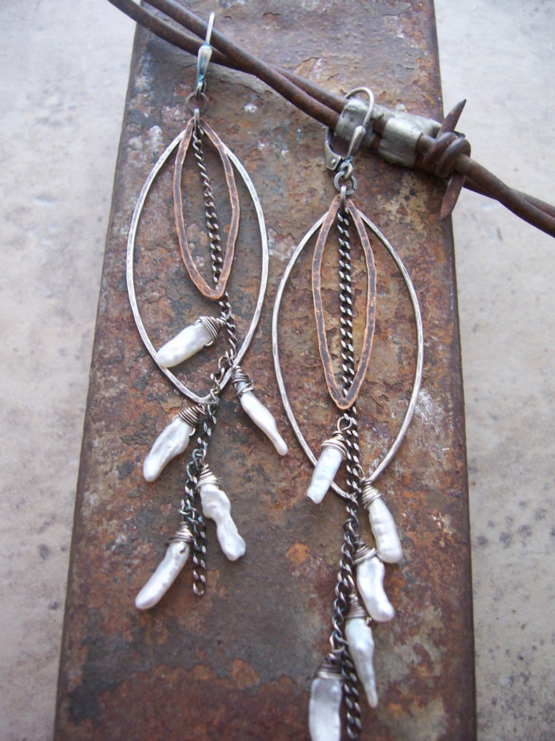 Mixed metal feather Earrings Boho style pearl earrings Sterling silver feather jewelry Long dangle pearl earrings image 4