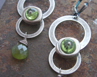 Spaceship Earrings - Sci-fi Jewelry - Peridot Earrings - Sterling Silver Metalwork Earrings - Industrial Jewelry,  Green Gemstone Earrings