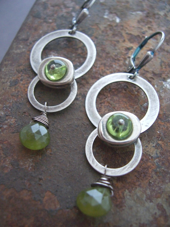 Spaceship Earrings - Sci-fi Jewelry - Peridot Earrings - Sterling Silver Metalwork Earrings - Industrial Jewelry,  Green Gemstone Earrings