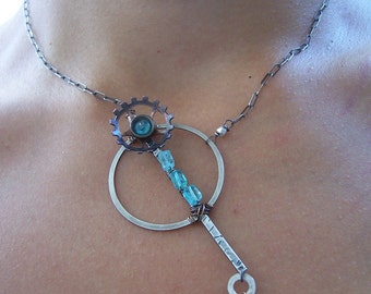 Asymmetrical Steampunk necklace - Aqua blue - Apatite necklace - Industrial organic gemstone jewelry