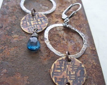 Geometric mixed metal London blue topaz earrings  Organic hoop earrings Long dangle earrings Gifts for her