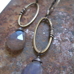 Long mixed metal labradorite drop earrings// Wire wrapped labradorite earrings// Industrial gemstone jewelry// Labradorite jewelry image 4