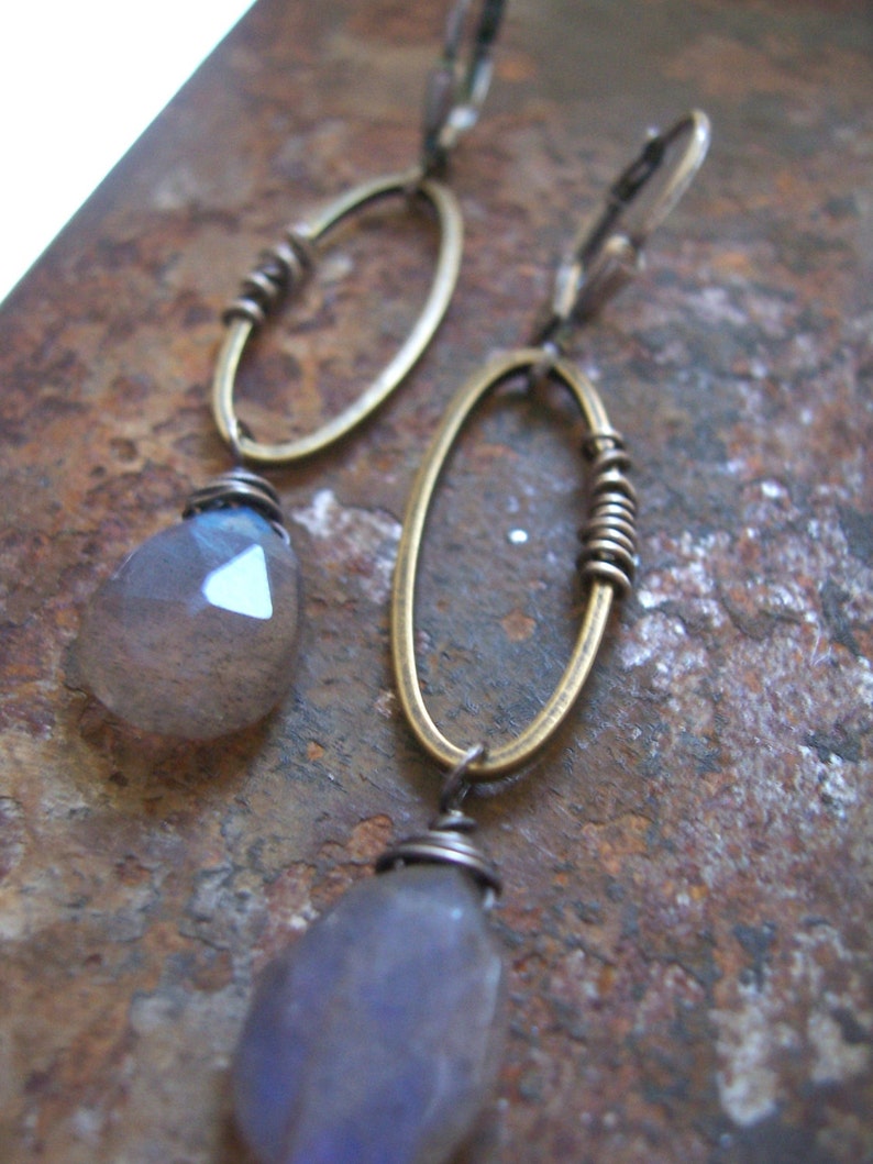 Long mixed metal labradorite drop earrings// Wire wrapped labradorite earrings// Industrial gemstone jewelry// Labradorite jewelry image 4