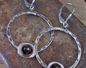 Sterling silver black tourmaline  hoop earrings - Black Tourmaline Earrings - Organic mixed metals  hoop earrings - Lily Pond Collection