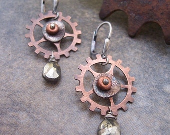 Steampunk Earrings with Copper and Pyrite, Industrial Jewelry, Pyrite Earrings, Steampunk Gears and Sprockets.,