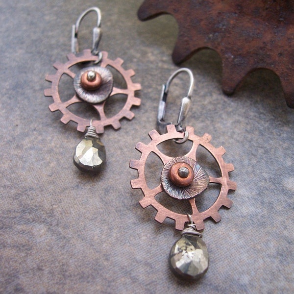 Steampunk Earrings with Copper and Pyrite, Industrial Jewelry, Pyrite Earrings, Steampunk Gears and Sprockets.,