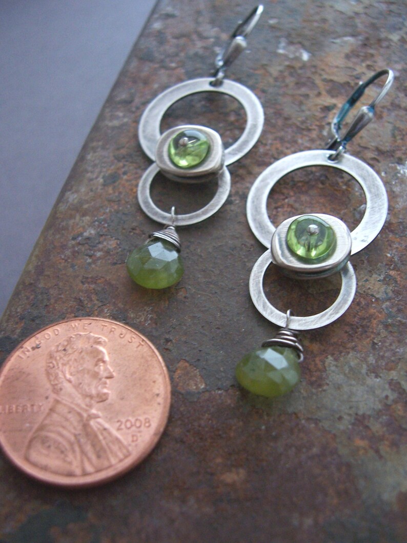Spaceship Earrings - Sci-fi Jewelry - Peridot Earrings - Sterling Silver Metalwork Earrings - Industrial Jewelry, Green Gemstone Earrings image 2