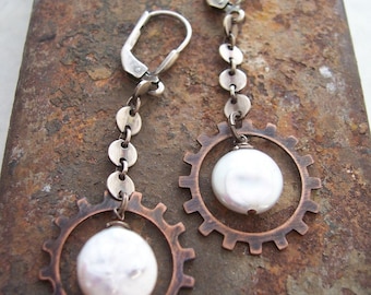 White pearl Steampunk earrings , White Coin Pearl Earrings, Mixed metal pearl earrings, Organic Industrial Jewelry