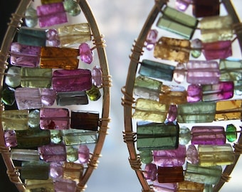 Gold Tourmaline Drop Earrings, "Stained Glass " Jewelry, Watermelon Tourmaline Earrings, Woven Gemstone Mosaic Earrings, Bridesmaids Gift.