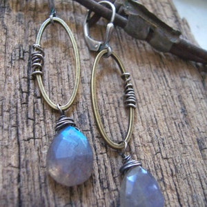 Long mixed metal labradorite drop earrings// Wire wrapped labradorite earrings// Industrial gemstone jewelry// Labradorite jewelry image 1