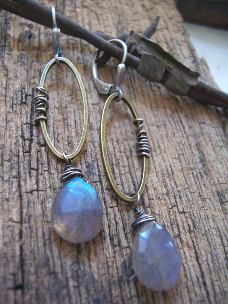 Long mixed metal labradorite drop earrings// Wire wrapped labradorite earrings// Industrial gemstone jewelry// Labradorite jewelry image 1