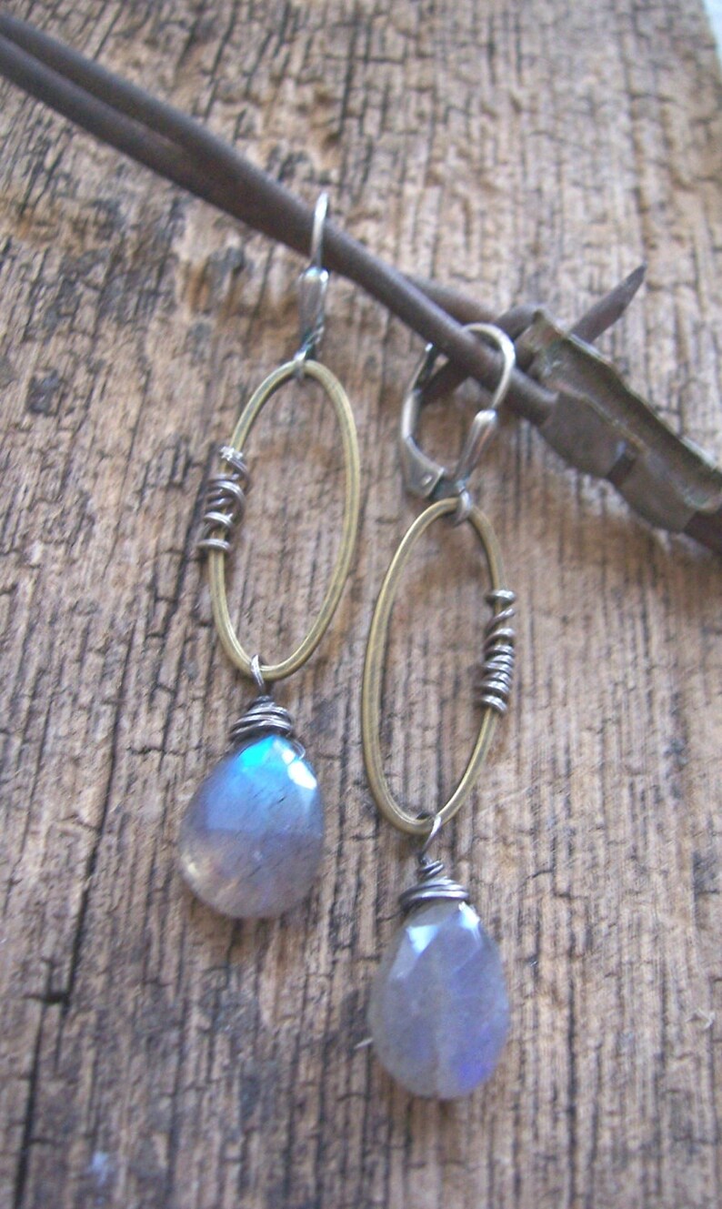 Long mixed metal labradorite drop earrings// Wire wrapped labradorite earrings// Industrial gemstone jewelry// Labradorite jewelry image 2