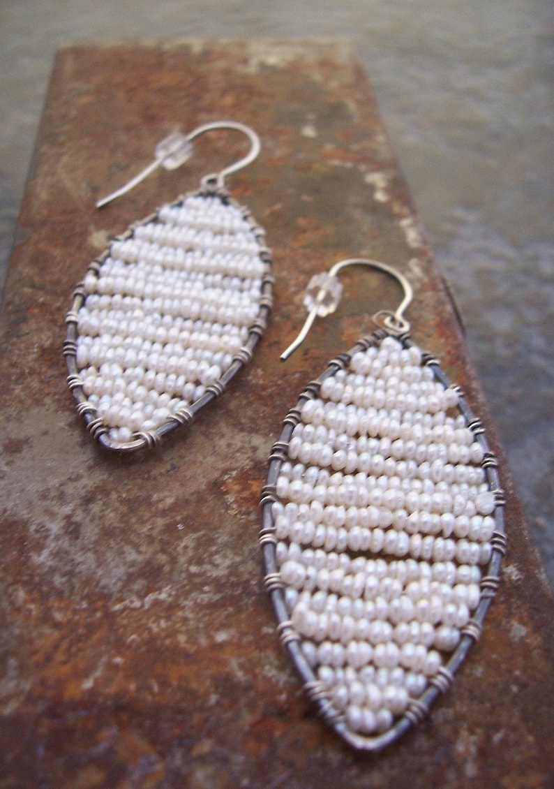 Alternative Bride, Sterling Silver White Seed Pearl Earrings, Wire Woven Pearl Mosaic, White Freshwater Pearl Earrings, Gift for Her . image 4