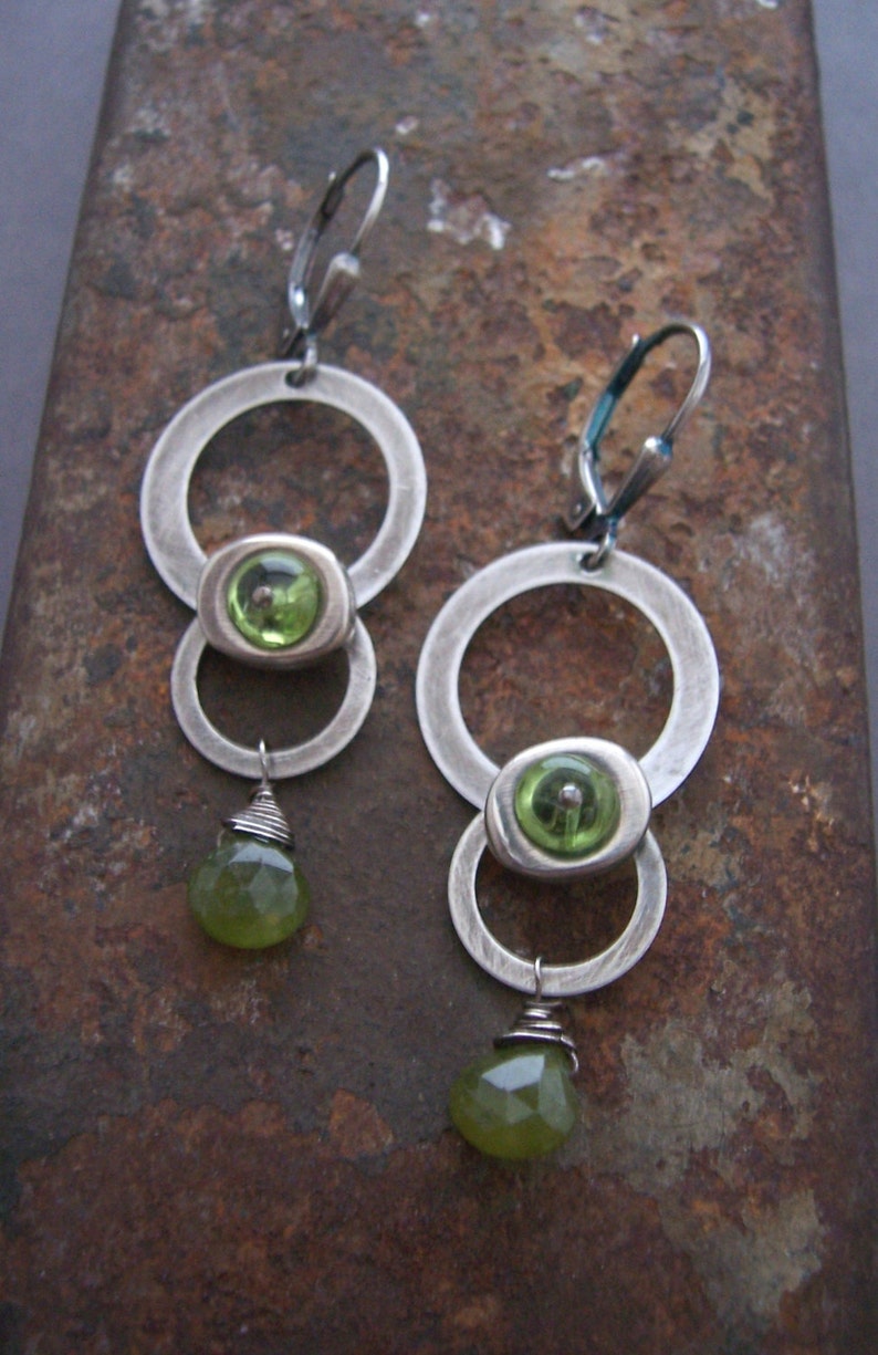 Spaceship Earrings - Sci-fi Jewelry - Peridot Earrings - Sterling Silver Metalwork Earrings - Industrial Jewelry, Green Gemstone Earrings image 3