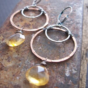 Citrine Earrings, Mixed Metals Hoop Earrings with Citrine, Organic Hoop Earrings with Citrine, image 3