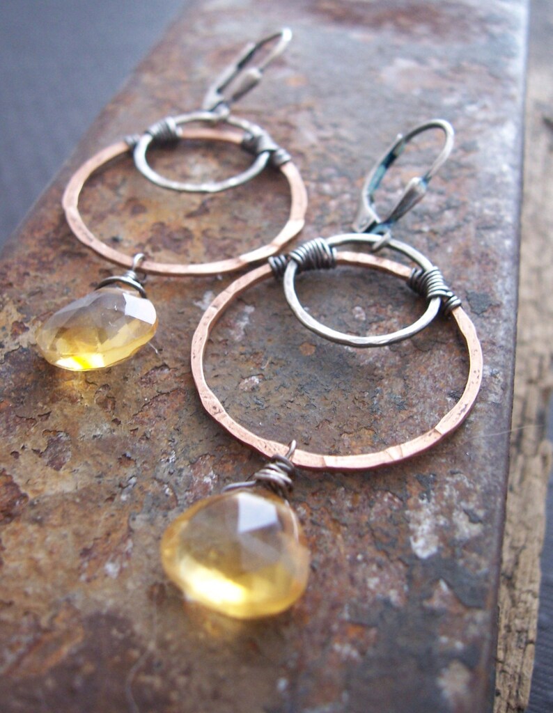 Citrine Earrings, Mixed Metals Hoop Earrings with Citrine, Organic Hoop Earrings with Citrine, image 3