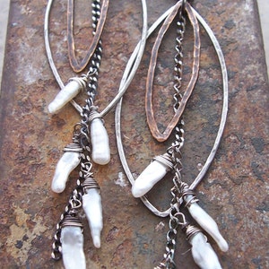 Mixed metal feather Earrings Boho style pearl earrings Sterling silver feather jewelry Long dangle pearl earrings image 3