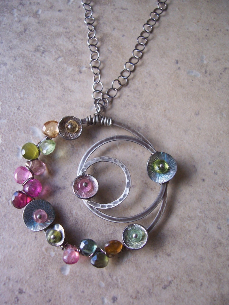 Sterling silver Watermelon Tourmaline Necklace Galaxy Pendant Tourmaline Jewelry Asymmetrical Circle Pendant image 3