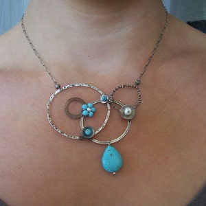 Mixed metals turquoise statement necklace - Forget-Me-Not Collection -  Turquoise necklace - Asymmetrical Jewelry