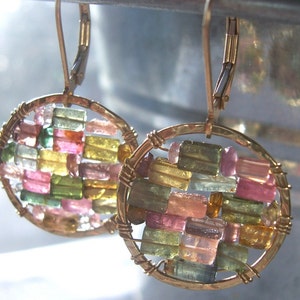 Mother's Day Gift// Multicolored Tourmaline Earrings// 14kt Gold Filled Small Hoop earrings// Stained Glass Earrings // Gifts for Her image 2