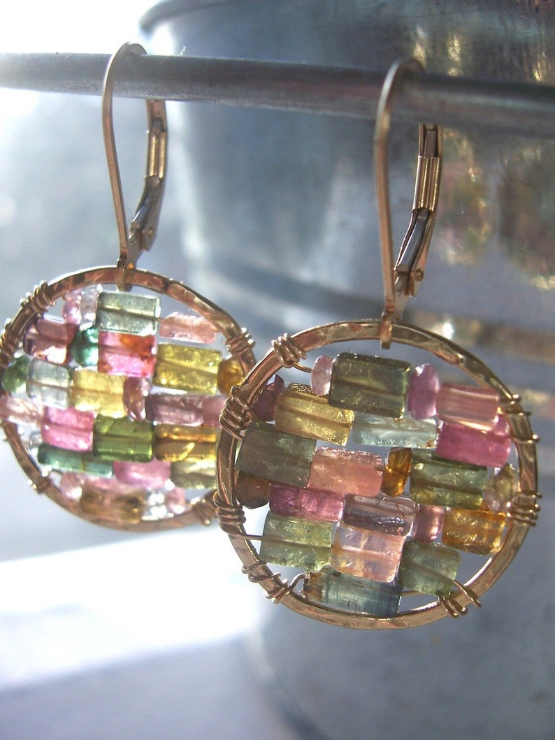 Mother's Day Gift// Multicolored Tourmaline Earrings// 14kt Gold Filled Small Hoop earrings// Stained Glass Earrings // Gifts for Her image 2