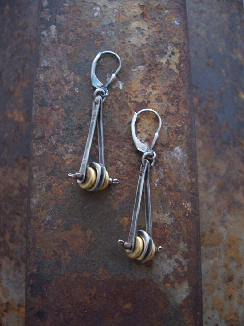 Pendulum, Industrial Earrings, Modern Mixed Metal Earrings,Steampunk Earrings. image 1