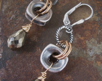 Nuts and Bolts, Industrial Earrings,  Mixed Metals and Pyrite Earrings, Drop Earrings, Pyrite Earrings, Fool's Gold.