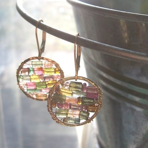 Mother's Day Gift// Multicolored Tourmaline Earrings// 14kt Gold Filled Small Hoop earrings// Stained Glass Earrings // Gifts for Her image 3