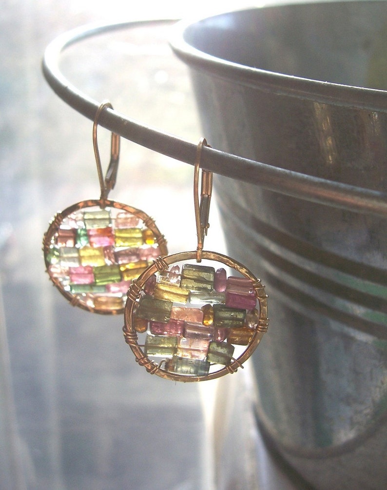 Mother's Day Gift// Multicolored Tourmaline Earrings// 14kt Gold Filled Small Hoop earrings// Stained Glass Earrings // Gifts for Her image 3