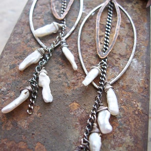 Mixed metal feather Earrings Boho style pearl earrings Sterling silver feather jewelry Long dangle pearl earrings image 2