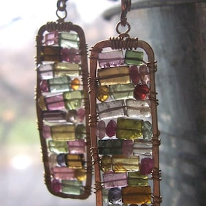 Tourmaline Mosaic Earrings, Stained Glass Earrings with Tourmaline,Tourmaline Earrings with Gold Filled wire, Wire Wrapped Earrings.