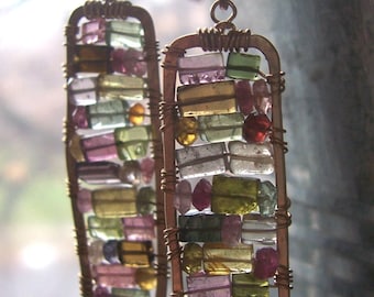 Tourmaline Mosaic Earrings, Stained Glass Earrings with Tourmaline,Tourmaline Earrings with Gold Filled wire, Wire Wrapped Earrings.