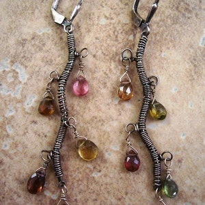 Tormaline Vine Earrings, Tourmaline Earrings, Dangle Earrings, Wire Wrapped Sterling Silver Earrings.