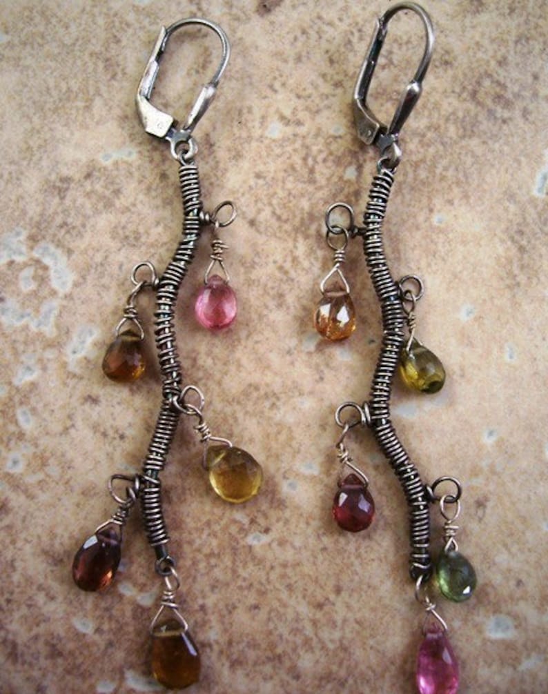 Tormaline Vine Earrings, Tourmaline Earrings, Dangle Earrings, Wire Wrapped Sterling Silver Earrings. image 1