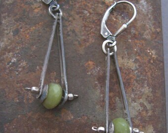 Pendulum Earrings, Jade Earrings, Sterling Silver and Jade Earrings, Olive Green Jade Earrings.