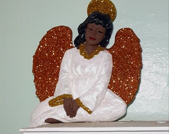 Black Angel Winged with Golden Halo Shelf/Ledge-Sitter Ethnic African American Ceramic Figure