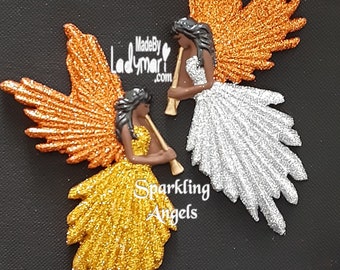 Glittery Black Ethnic Angel Fairy Pair Refrigerator Magnets