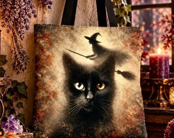 May include: A black tote bag featuring a printed illustration of a black cat with amber eyes. Above the cat, a silhouette of a witch on a broomstick is visible against a textured, mottled background of warm brown, orange, and cream tones.