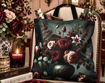 Dark Academia Floral Tote Bag - Book Lover Gift