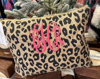 Leopard Burlap Zipper Top Bag