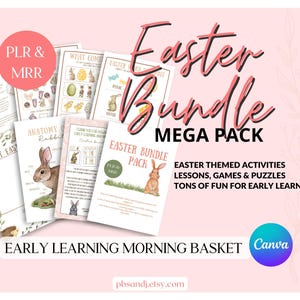 May include: A digital download of an Easter-themed learning bundle for early learners. The bundle includes activities, lessons, games, and puzzles. The cover image features a colorful illustration of an Easter basket with eggs and a bunny.
