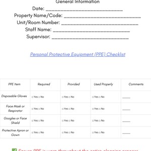 May include: A white document titled "OSHA Cleaning & Disinfection Safety Compliance Log" with sections for general information and a PPE checklist. The checklist includes items like gloves and face masks.