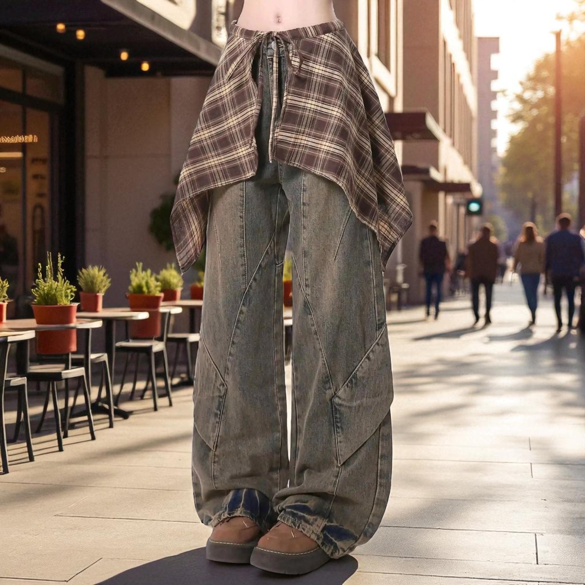 Women's Blue Y2K Jeans with Skirt, Harajuku Vintage Baggy Denim Trousers, 2000s Style Oversized Long Pants, Casual Streetwear Fashion