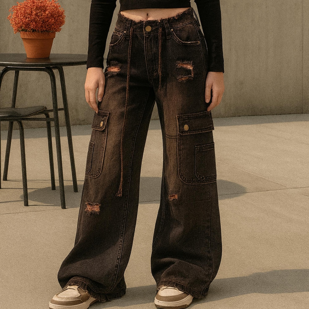 Women's 90s Vintage Black Cargo Jeans, Gothic Y2K Wide Leg Denim