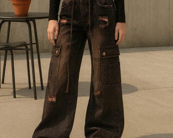 Damen 90er Jahre Vintage Schwarze Cargo Jeans, Gothic Y2K Denim mit weitem Bein, Hohe Taille Baggy Hose, Retro Emo 2000er Jahre Streetwear Kleidung