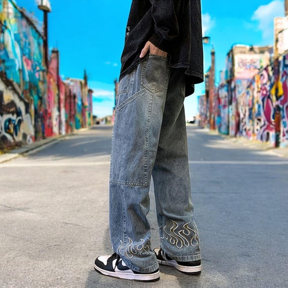 Y2K Vintage Flame Printed Jeans for Men, Stylish Baggy Wide Leg 