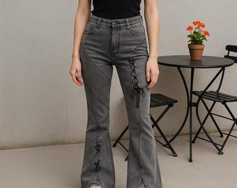 Womens Lace Up Denim Flare Jeans: Y2K High Waist Baggy Wide Leg